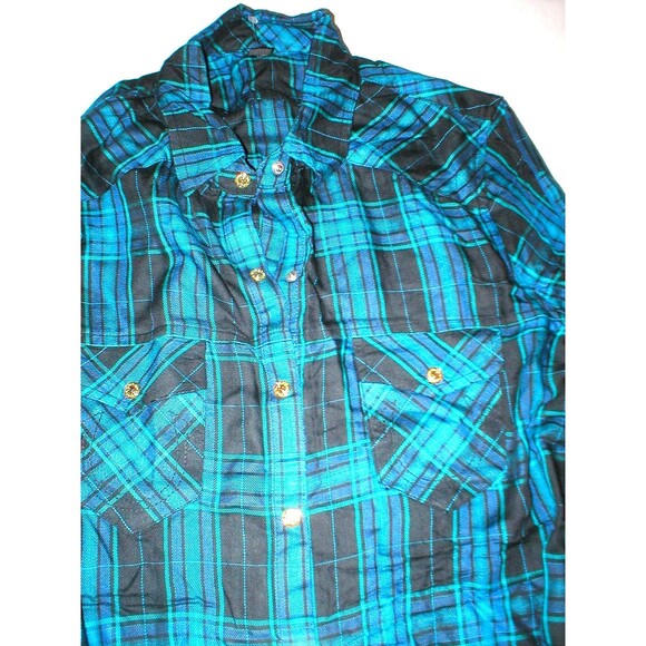 New Womens Designer True Religion S Plaid Top Logo Black Aqua Blue NWT Tunic Zip - Picture 6 of 7